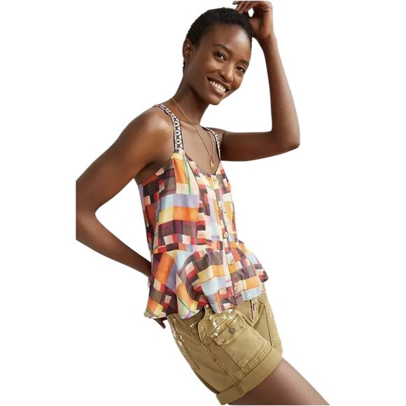 Anthropologie Pilcro Patchwork Abstract Button-Front Peplum Tank Top, Medium - Picture 2 of 4